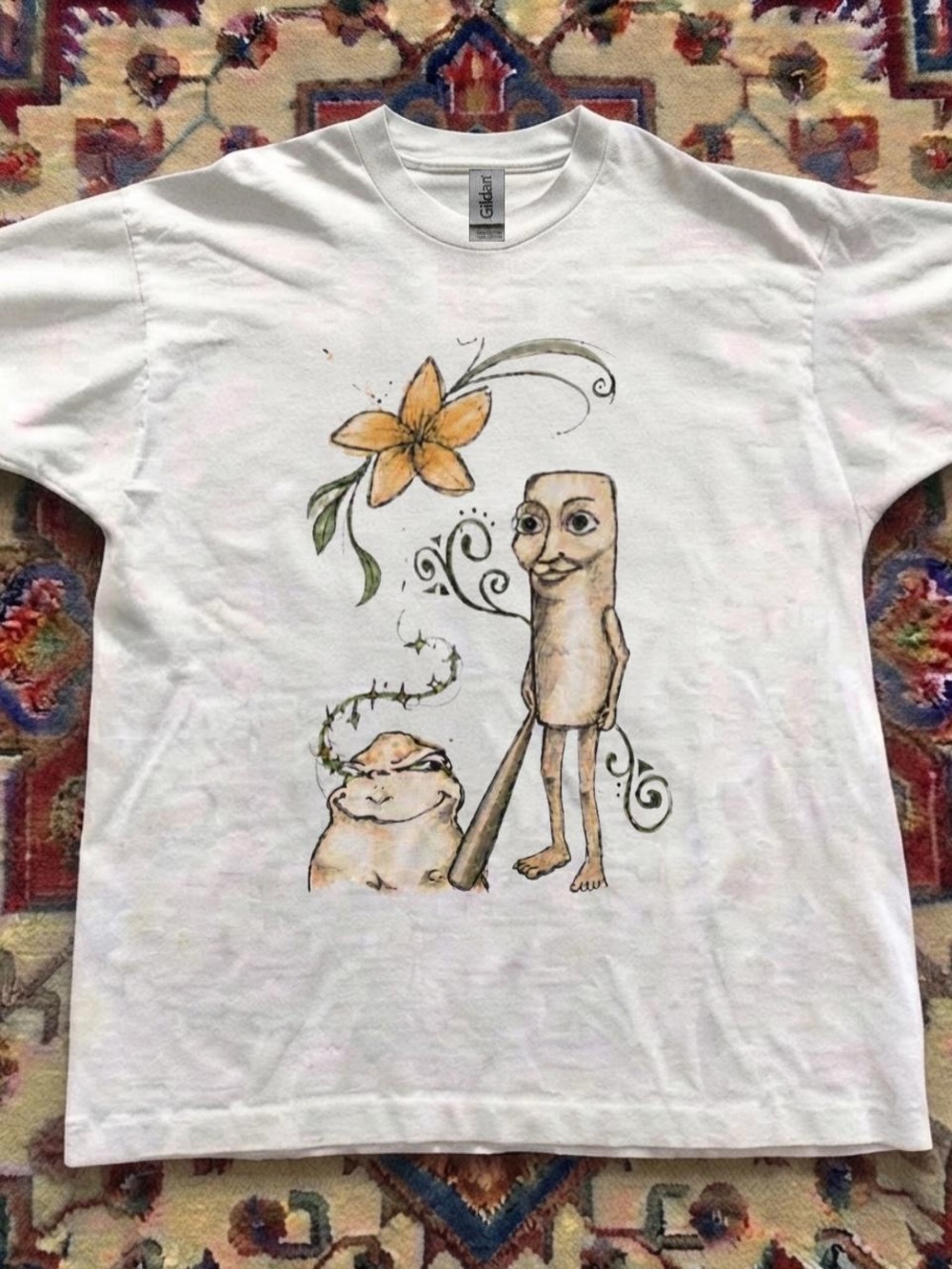 Gildan White Short Sleeve Tee with Whimsical Character and Floral Graphic